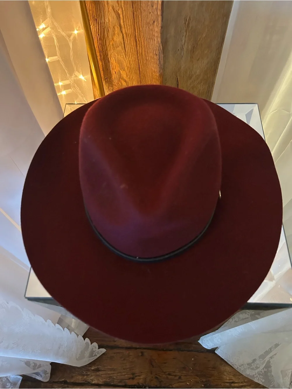Women's Wine Felt Wide-Brim Hat with Black Leather Band Silver Buckle